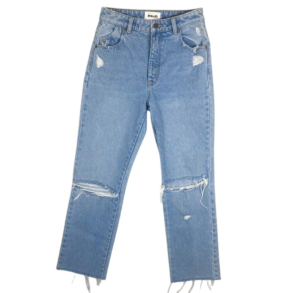 Rolla's High Rise Straight Leg Distressed Ripped Light Wash Jeans 26